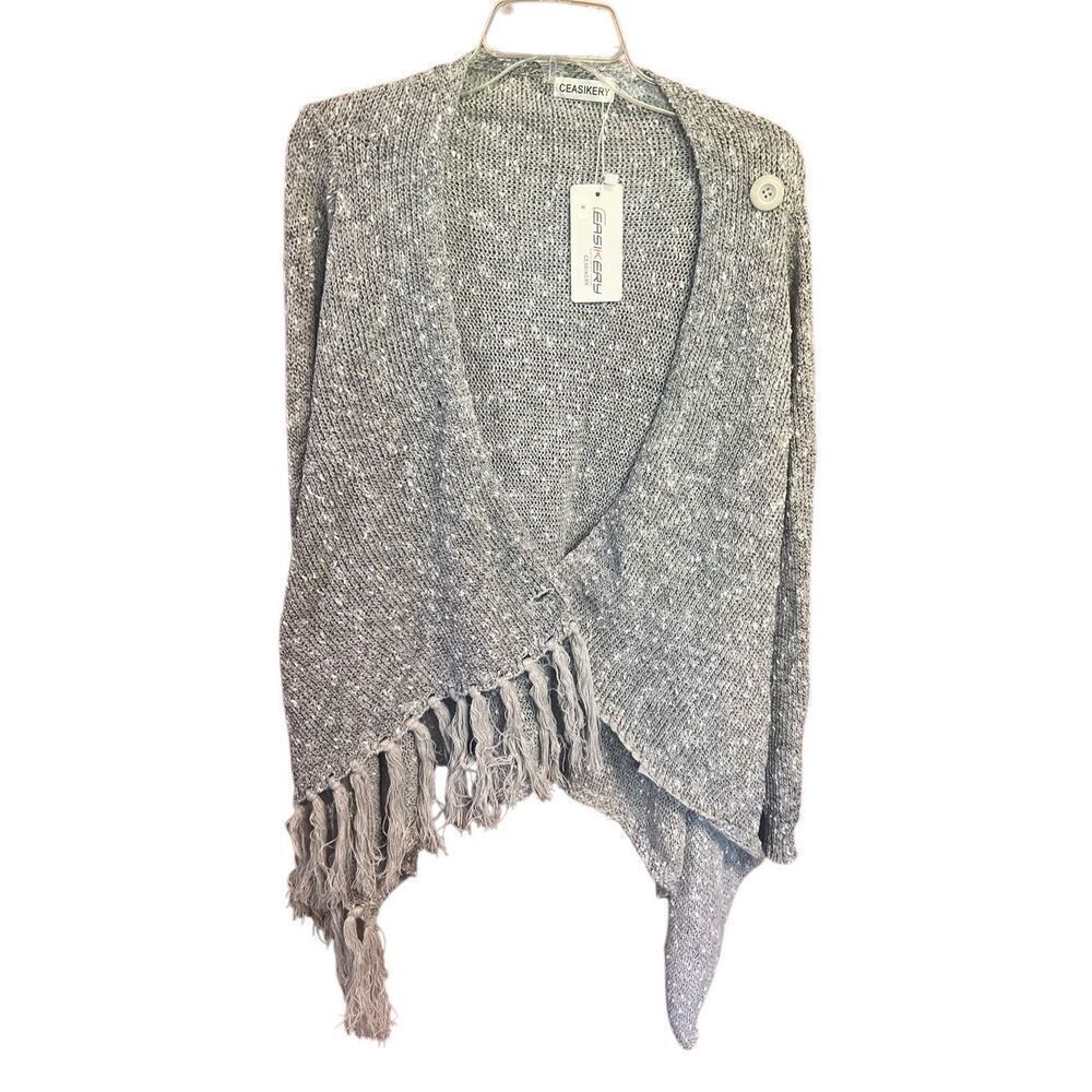 Ceasikery Tassel Cardigan Sweater Sz M Gray/White NWT